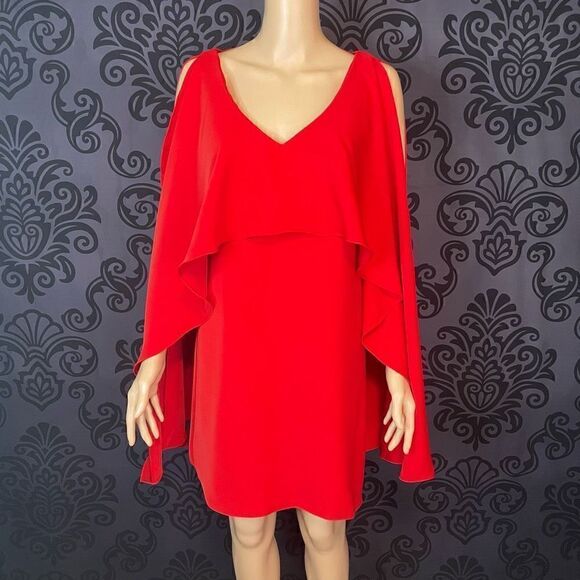 NWT Belle Badgley Mischka Women's Red Weasy Caped Mini Dress Size 0 - Picture 1 of 11